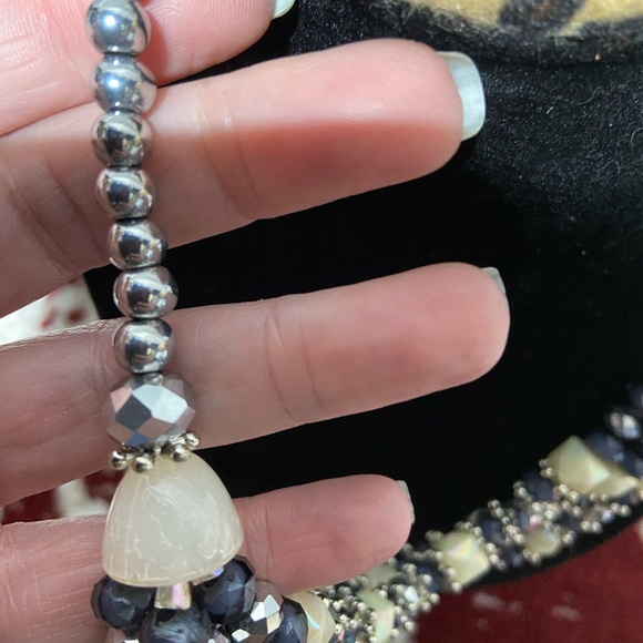 Silver Tone, Deep Smoky Blue and White triple Layered Necklace - Picture 3 of 3